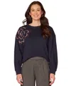 Democracy Petite Embellished Floral Crewneck Sweatshirt In Blue