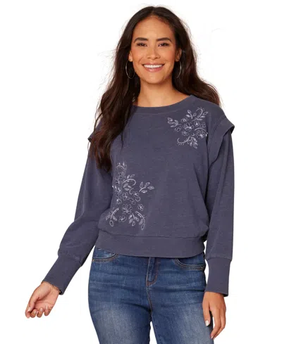 Democracy Petite Embellished Layered-sleeve Sweatshirt In Navy