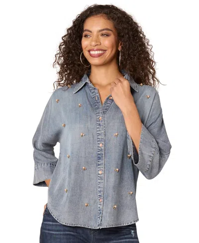 Democracy Petite Embellished Woven Button-up Shirt In Lb Light B