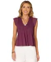 Democracy Petite Embroidered Cotton Flutter-sleeve Top In Purple