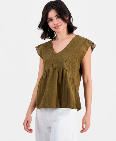Democracy Petite Embroidered Cotton Flutter-sleeve Top In Multi