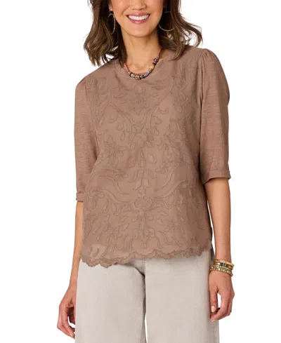 Democracy Petite Embroidered Die-cut-front Knit-to-woven Top In Oyster Mus