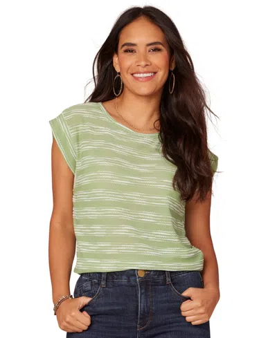 Democracy Petite Embroidered Knit Cap-sleeve Top In Green