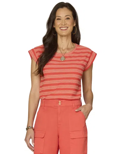 Democracy Petite Embroidered Knit Cap-sleeve Top In Pink