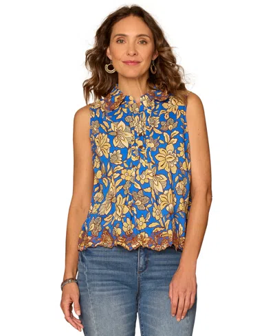 Democracy Petite Embroidered Sleeveless Top In Blue