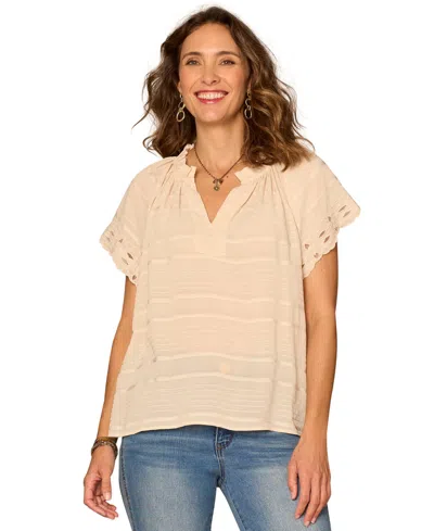 Democracy Petite Embroidered V-neck Woven Top In Metallic