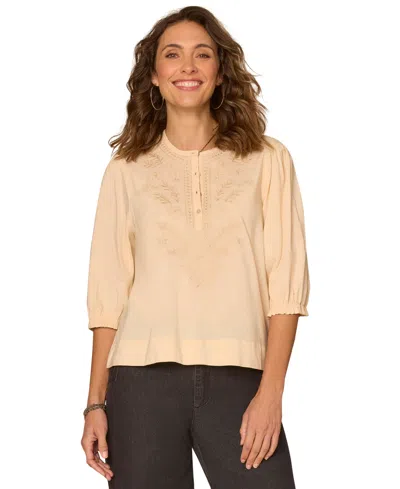 Democracy Petite Embroidered Woven Top In Brown