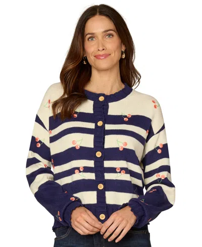 Democracy Petite Embroidery Striped Sweater In Multi