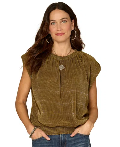 Democracy Petite Extended Cap Sleeve Crewneck Top In Green