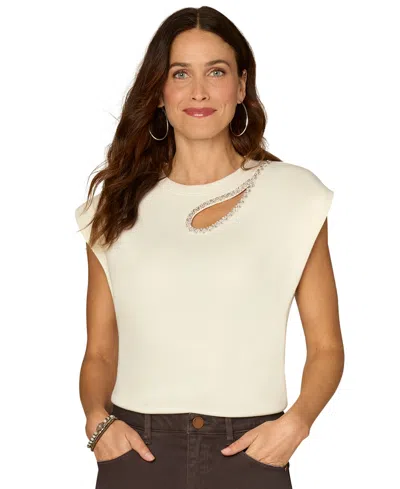 Democracy Petite Extended Cap Sleeve Rhinestone Top In White