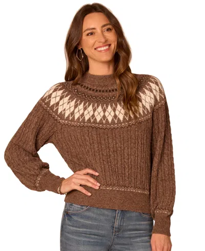 Democracy Petite Fair Isle High-neck Long-sleeve Sweater In Brown