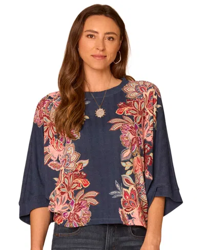 Democracy Petite Floral 3/4-length Dolman Scoop-neck Blouse In Blue