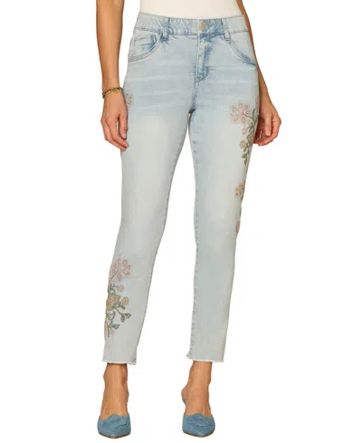 Democracy Petite Floral Embroidered Skimmer Jeans In Blue