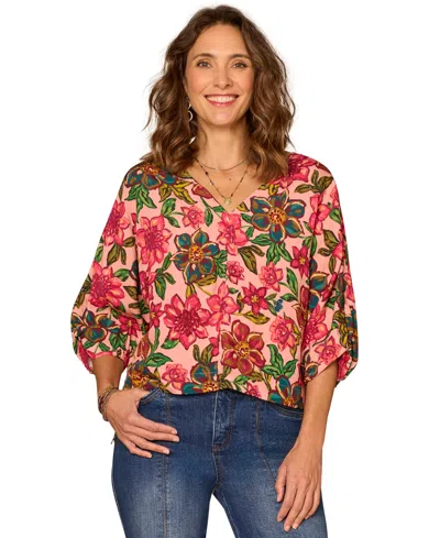 Democracy Petite Floral Kimono-sleeve V-neck Woven Top In Pink