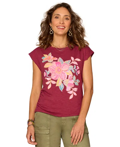 Democracy Petite Floral Print Crewneck Knit Top In Pink