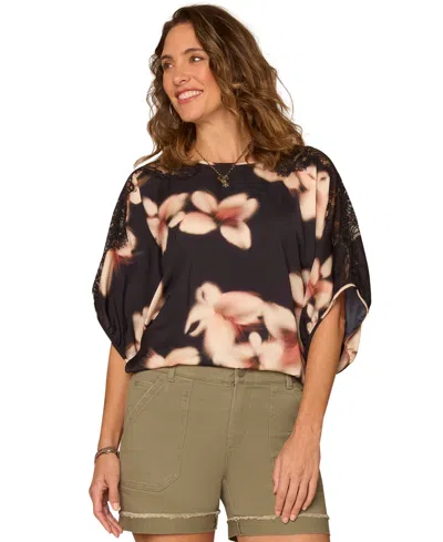 Democracy Petite Floral Print Pull-on Top In Black Floral Multi