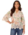 Democracy Petite Floral-print Scalloped-hem Crochet Top In Pale Peach