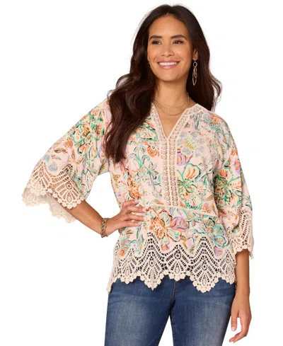 Democracy Petite Floral-print Scalloped-hem Crochet Top In Pale Peach