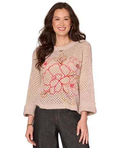 Democracy Petite Floral Round Neck Sweater In Neutral