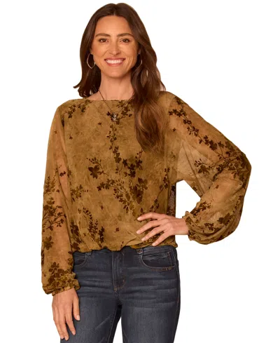 Democracy Petite Floral-print Long Blouson Sleeve Boat Neck Knit Top In Gold