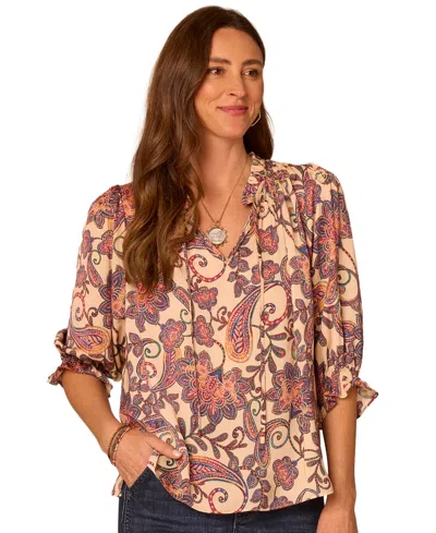 Democracy Petite Floral-print Split Neck Peasant 3/4-sleeve Blouse In Macademia,berry