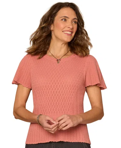 Democracy Petite Flounce Crochet Round Neck Sweater In Brown