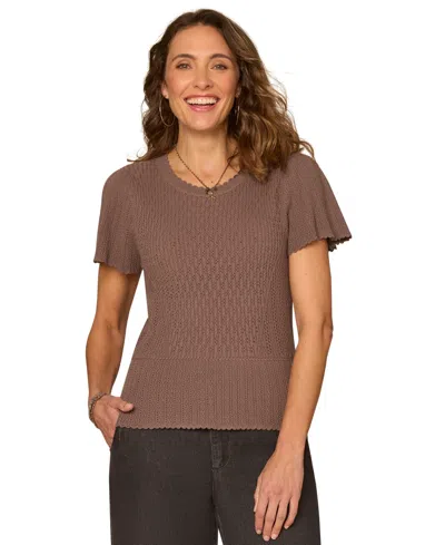 Democracy Petite Flounce Crochet Round Neck Sweater In Brown