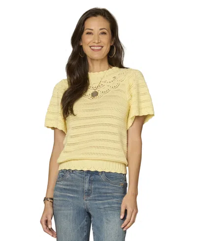 Democracy Petite Flutter Crochet Yoke Sweater In Yellow