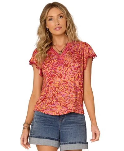 Democracy Petite Flutter-sleeve Printed Knit Top In Multi