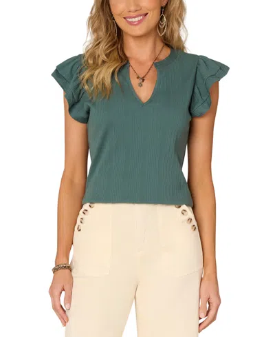 Democracy Petite Flutter-sleeve Split-neck Top