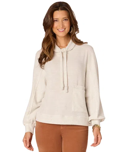Democracy Petite Funnel-neck Long-blouson-sleeve Top In Heather Cream