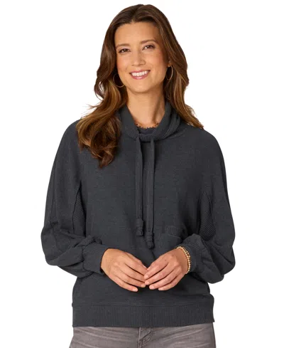 Democracy Petite Funnel-neck Long-blouson-sleeve Top In Heather Slate Teal