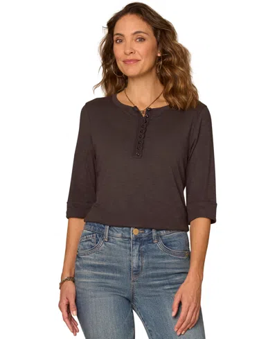 Democracy Petite Henley Neck Pull-on Knit Top In Multi