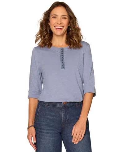 Democracy Petite Henley Neck Pull-on Knit Top In Blue
