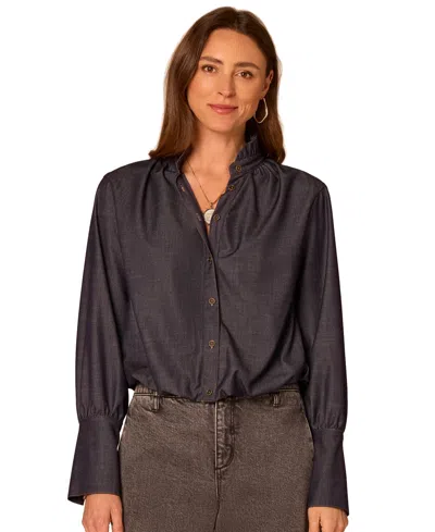 Democracy Petite High-low Ruffle Neck Bubble Hem Button-front Top In Indigo