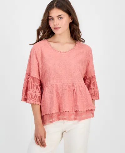 Democracy Petite Lace Double Bell Flounce Top In Pink