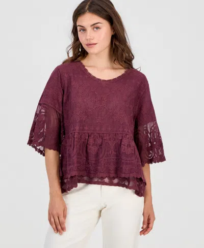 Democracy Petite Lace Double Bell Flounce Top In Burgundy