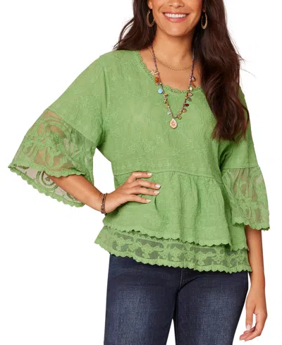 Democracy Petite Lace Double Bell Flounce Top In Grte Green