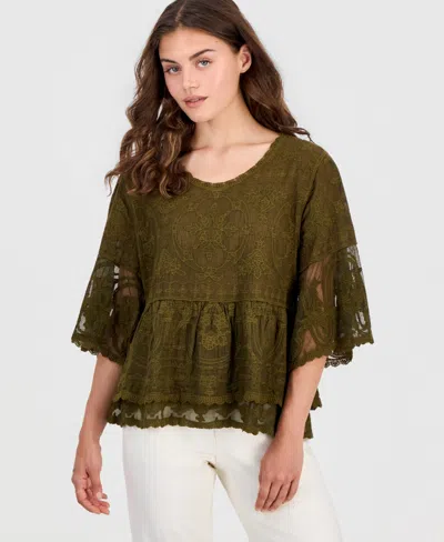 Democracy Petite Lace Double Bell Flounce Top In Green