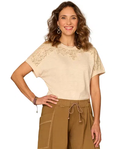 Democracy Petite Lace-trim Crewneck Knit Top In Neutral