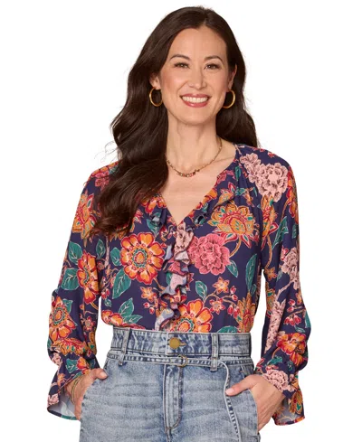 Democracy Petite Long Flounce Sleeve Top In Multi