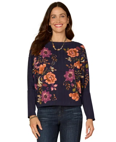 Democracy Petite Long-sleeve Batwing Surplus Placement Print Knit Top In Multi