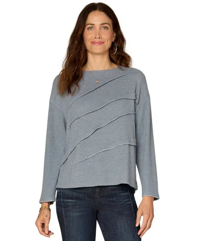 Democracy Petite Long-sleeve Boat Neck Mix Media Knit Top In Blue