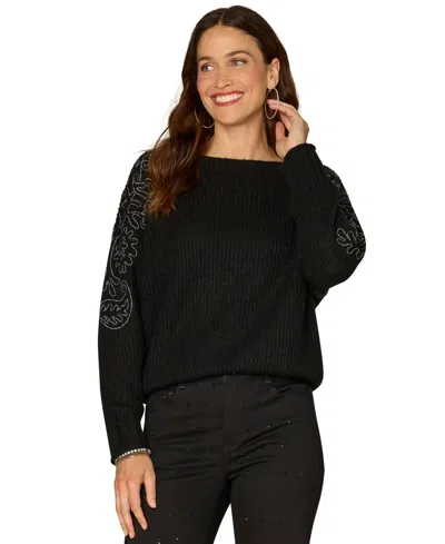 Democracy Petite Long Sleeve Boat Neck Sweater In Black