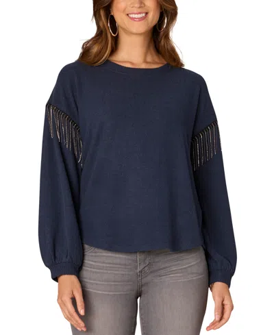 Democracy Petite Long-sleeve Fringe Top In Heather Ca
