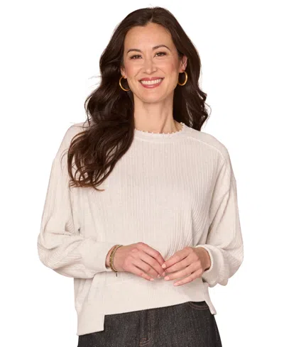 Democracy Petite Long Sleeve Mixed-media Scoop Neck Top In White
