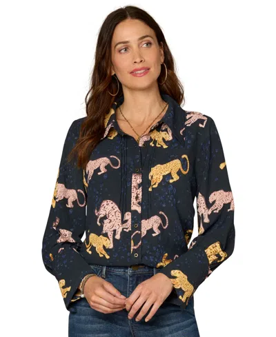 Democracy Petite Long-sleeve Printed Woven Top In Black