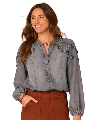 Democracy Petite Long-sleeve Stand Collar Ruffle Top In Gray