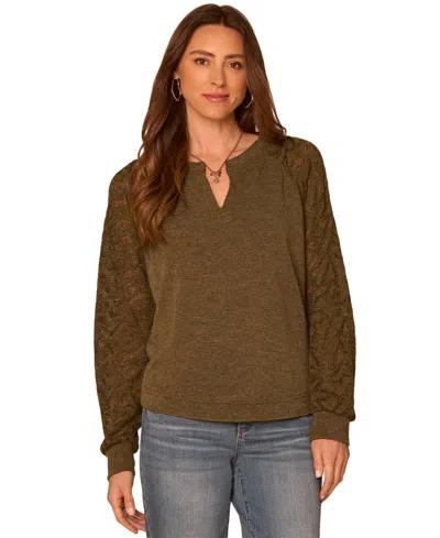 Democracy Petite Mandarin Collar Cable-knit Long-sleeve Half-placket Knit Top In Green
