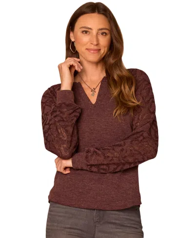 Democracy Petite Mandarin Collar Cable-knit Long-sleeve Half-placket Knit Top In Brown